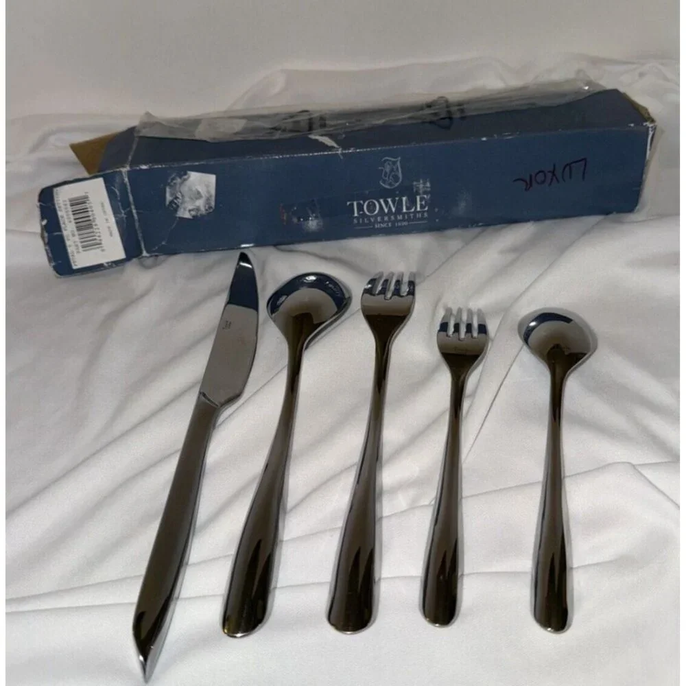 Towle 5 Pc PETAL Stainless Satin 18/8 Beveled Tip Place Setting Disc New In Box